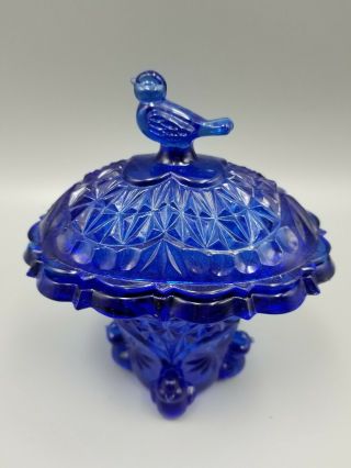 Cobalt Blue Glass Bird Footed Covered Candy Dish Bowl 3