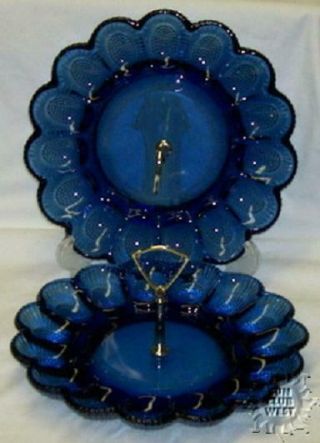 2 Cobalt Blue Indiana Glass Deviled Egg Plates Dish Trays Oyster Handle Platter