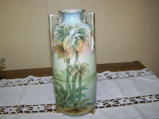 Three Handled Nippon Vase Featuring Palm Trees And Oasis 9 3/4 " Tall Hand Painte