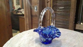 Fenton Signed Art Glass Colbalt Blue Color Hand Painted Flower Basket W/ Label
