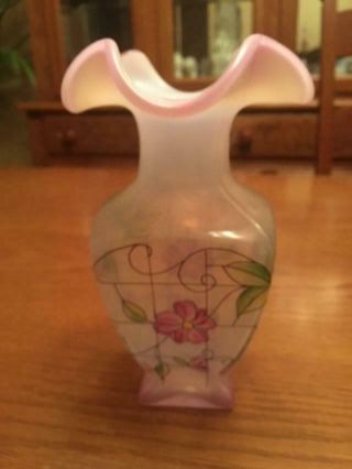 Fenton Art Glass,  Pink Square Vase,  Hand Painted & Signed,  6.  5”,  C3636