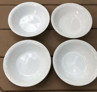 Four Corelle Bella Faenza ? White Soup Cereal Bowls Embossed Floral Scrolls