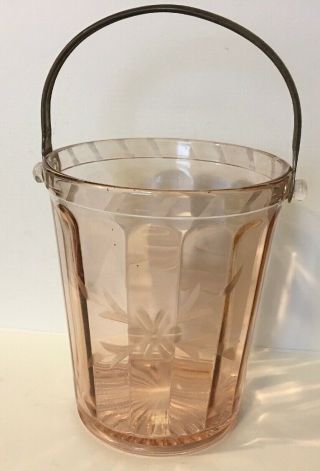 Pink Floral Etched Depression Glass Ice Bucket With Handle