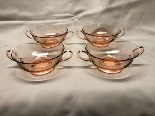 Set Of 4 Pink Depression Glass Double Handled Soup Bowl 2 1/4 " Tall 8 Oz