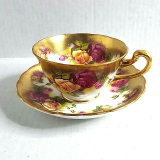 Royal Chelsea Golden Rose Tea Cup Saucer Sponged Gold Gilt Red Flowers England