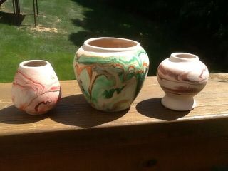 3 Gorgeous Nemadji Pottery Swirl Vase Pots Indian Head Stamp - Made In Usa