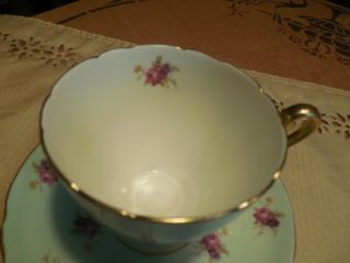 VTG SHELLEY ENGLAND LIGHT GREEN DAINTY ROSEBUD TEA CUP & SAUCER.  GOLD FOOTED 2