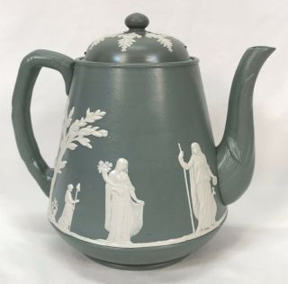 Antique Vintage Wedgwood Or Style Lidded Green Pitcher - Early Staples Repair