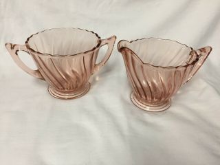 Pink Swirl Creamer And Sugar By Jeannette Glass Co.