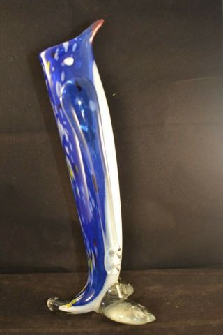 Vintage Murano Thick Heavy Glass Penguin Vase Blue & White 12 Inches