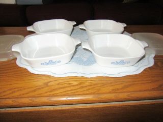 Corning Ware Blue Cornflower P - 41 Petite Baking Mini Pans,  Set 4 W/2 Lids Euc