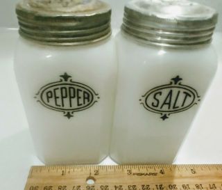 Vintage Hazel Atlas Milk Glass Salt/pepper Shakers Black Shield Stove Top 4 1/2 "