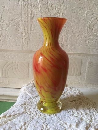 Vintage Art Glass Vase Orange / Yellow Striped Milk White Interior