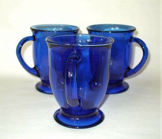 3 Vintage Cobalt Blue Anchor Hocking Glass Footed Pedestal Coffee Mugs 5 " 16 Oz.