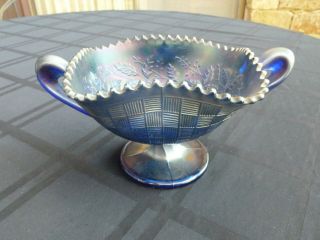 Northwood Blue Carnival Glass " Fruits & Flowers " Footed Bon - Bon Bowl