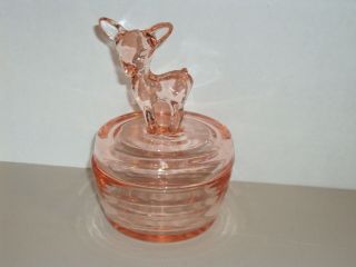 Vintage Jeannette Depression Pink Glass Baby Deer Fawn Powder Dresser Candy Jar