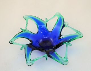 Vintage Murano Art Glass Blue Green Star Shaped Candy Dish Bowl