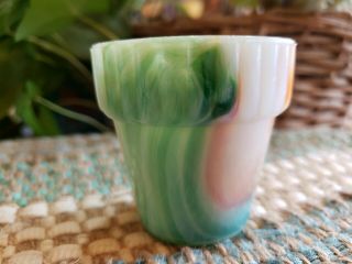 Vintage Akro Agate Flower Pot Ribbed Edge Slag Glass Orange Green White 2.  25 "