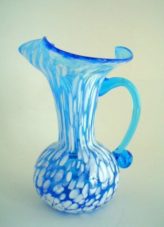Vintage Hand Blown Art Glass Blue And White Pitcher By Rainbow Glass Wv
