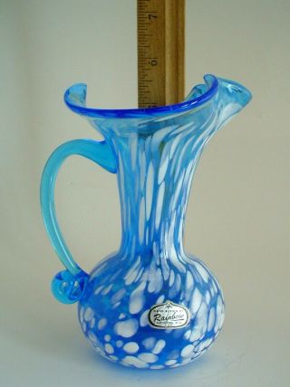 Vintage Hand Blown Art Glass Blue and White Pitcher by Rainbow Glass WV 3