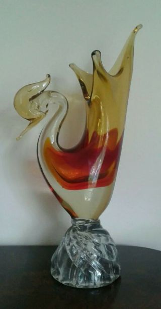 Vintage Retro Murano Art Glass Exotic Birds Vase Red & Gold