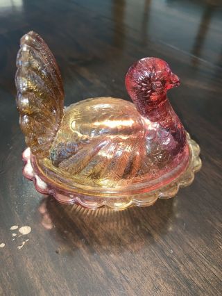 Vintage Carnival Glass Turkey On A Nest Trinket Dish