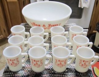 Vintage Mckee Hobnail Tom And Jerry Punch Bowl Set White Red Egg Nog 12 Mugs