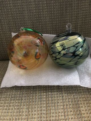 2 Handcrafted Blown Art Glass Friendship Calico Ball Colorful Window Ornament