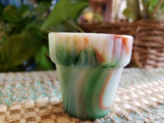 Vintage Akro Agate Flower Pot 2.  25 " Slag Glass Green,  Orange,  White Ribbed Edge