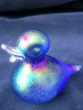 Heron Glass Blue Glass Iridescent Duck Paperweight.  John Ditchfield Style.