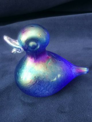 Heron Glass BLUE glass iridescent Duck paperweight.  John Ditchfield style. 5