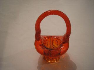 Fenton Mini Glass Basket.  Orange Transparent,  Hobstar Pattern.  3 - 3/4 " Tall.