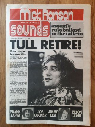 Sounds Music Newspaper August 25th 1973 Rod Stewart Jethro Tull,  Colour Poster