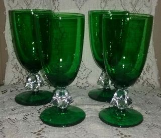 Vintage Set Of Green Glass & Clear Crystal Wine Glasses