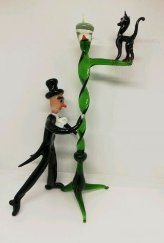 Vintage Glass Lampwork Figure.  Man In A Top Hat Cat And Fish Bowl On Spiral Pole