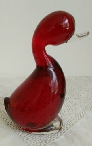 Vintage Whitefriars Controlled Bubble Ruby Red Glass Dilly Duck
