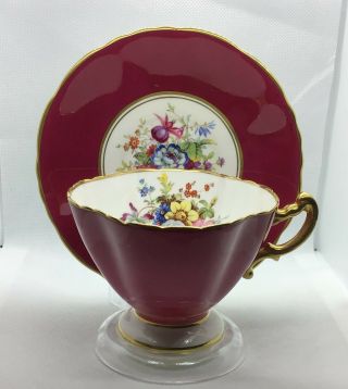 Vintage Burgundy Pedestal Signed F Howard Floral Hammersley Tea Cup And Saucer