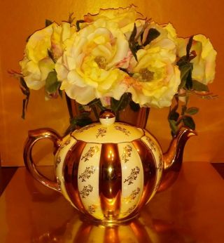 Gibsons Staffordshire England Gold Striped Teapot Ivorycolored Flowers Gold Trim