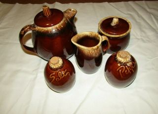 Vintage Brown Drip Glazed Hull Pottery Set Teapot Creamer Sugar S&p