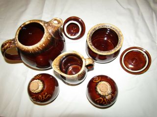 Vintage Brown Drip Glazed Hull Pottery Set Teapot Creamer Sugar S&P 2