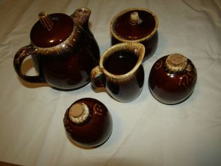 Vintage Brown Drip Glazed Hull Pottery Set Teapot Creamer Sugar S&P 4