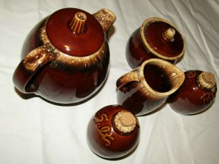 Vintage Brown Drip Glazed Hull Pottery Set Teapot Creamer Sugar S&P 8