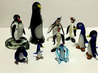 Vintage 10 X Murano / Venetian Glass Penguins,  Various Sizes,