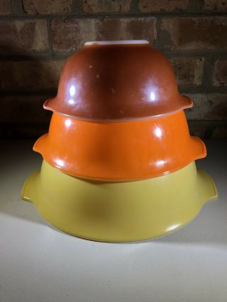 Vintage Pyrex Yellow Orange Brown Cinderella Mixing / Nesting Bowl Set 3