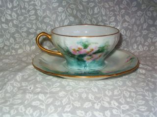 Theodore Haviland Limoges Hand Painted Pink Roses Cup & Saucer