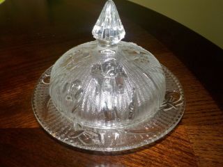 Depression Glass Crystal Iris And Herringbone Covered Butter Dish