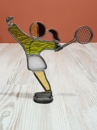 Hand Crafted Stained Glass Girl Tennis Girl Serving On Metal Stand