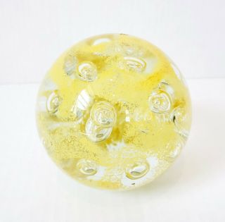 Vintage Heavy Hand Blown Yellow & Clear Controlled Bubble Art Glass Paperweight