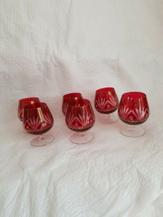 Ruby Etched Cordial Glasses Set Of 6 3 1/2 Inches Tall
