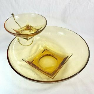 Vintage Mid Century Gold Glass Chip And Dip Set Square Base Pebble Texture